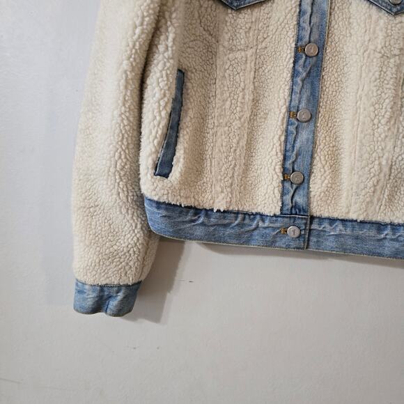 Anthro Pilcro and the Letterpress Sherpa Denim Jacket Cream Blue Size S Small - Picture 5 of 12